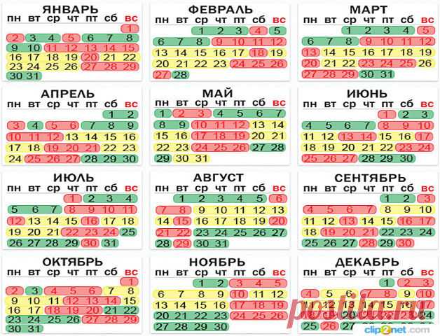 2017 год. Зеленые - благоприятные дни, желтые - убывающая луна, красные - неблагоприятные дни для посадки/пересадки.