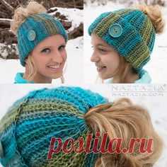 Ribbed Bun Hat, free pattern by Naztazia. Very easy - worked flat in SCBLO for ribbed look, then seamed. Top is crocheted around ponytail elastic. Can add a lot of different cute embellishments. #crochet #beanie