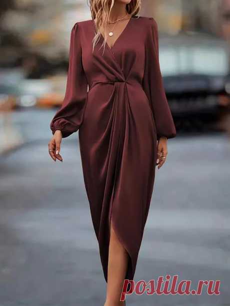 Loose Puff Sleeves Pleated Solid Color Split-Joint V-Neck Midi Dress