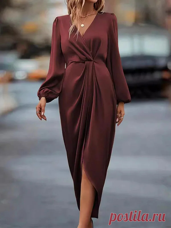 Loose Puff Sleeves Pleated Solid Color Split-Joint V-Neck Midi Dress