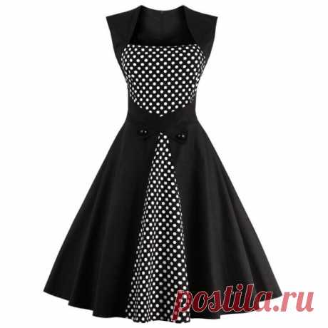 Wholesale Retro Polka Dot Square Neck Swing Dress (BLACK,4XL), Vintage Dresses - Rosewholesale.com