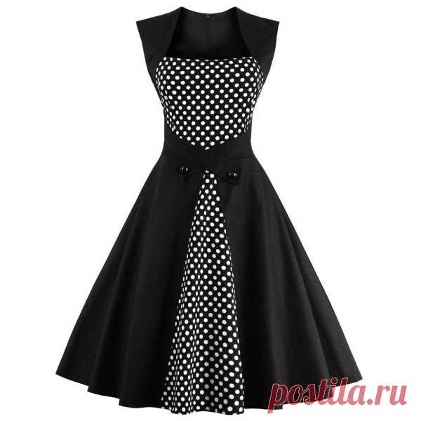 Wholesale Retro Polka Dot Square Neck Swing Dress (BLACK,4XL), Vintage Dresses - Rosewholesale.com