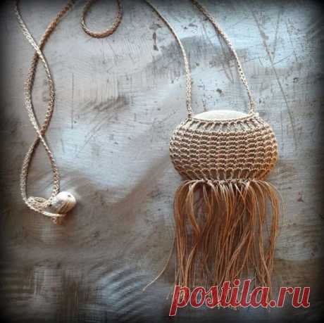 (285) Artist Necklace, Crocheted Lace, Smooth Stone, Fringe, Mocha Brown, Handmade, Long, Nature, Tribal, Bohemian, Monicaj