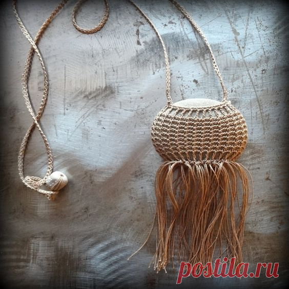 (285) Artist Necklace, Crocheted Lace, Smooth Stone, Fringe, Mocha Brown, Handmade, Long, Nature, Tribal, Bohemian, Monicaj