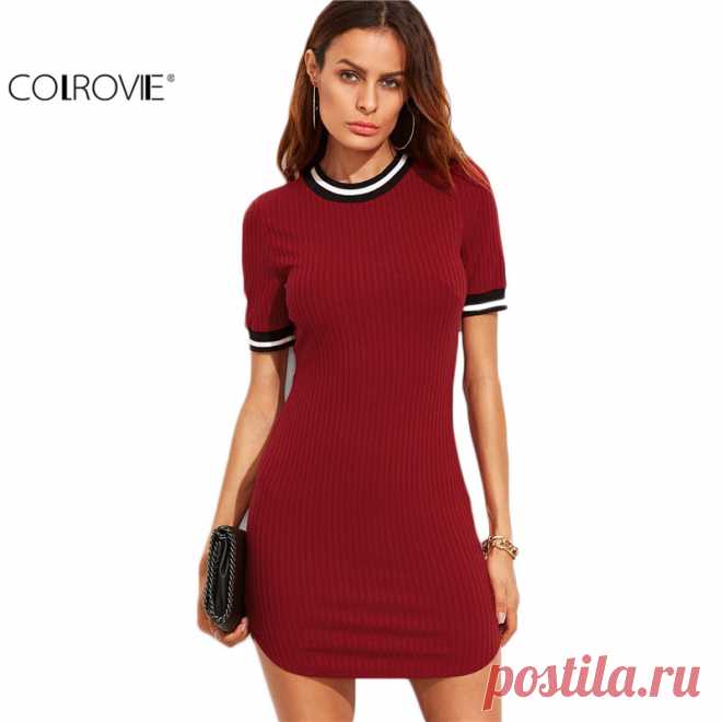 COLROVIE Повседневные Платья для Женщин Корейской Моды Женщин Осень Платья Бургундия Полосатый Отделка Ребристые Вязать Bodycon Платье купить на AliExpress