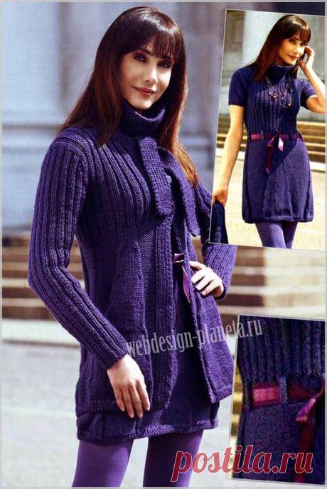 Короткое пальто и мини-платье спицами Комплект из короткого пальто и мини-платья спицами из фиолетовой полушерстяной пряжи.