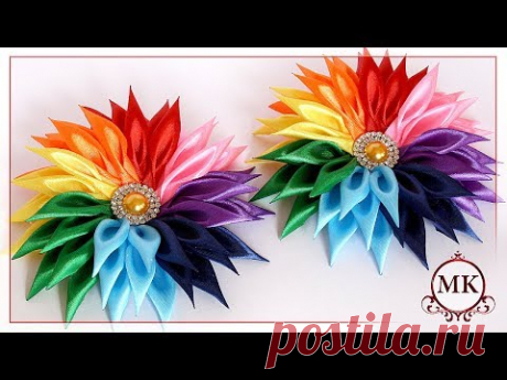 Радужные резинки для волос. Канзаши. МК. / DIY. Kanzashi. Rainbow scrunchy.