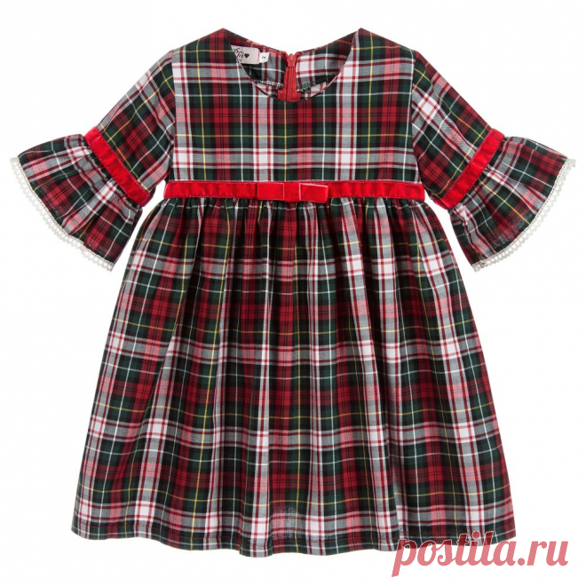 Girls Tartan Cotton Dress Made in soft cotton twill, this charming red and green tartan dress is by Phi Clothing. The elbow length bell sleeves are trimmed with fine ivory lace and red velvet ribbon to match the ribbon detail on the front. 
