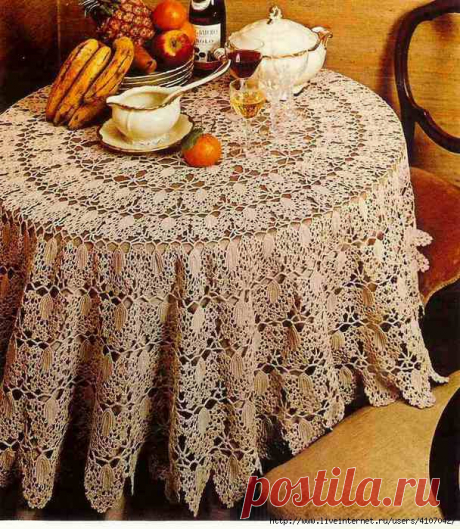 КРУГЛАЯ АЖУРНАЯ СКАТЕРТЬ ИЗ МОТИВОВ С ЛИСТОЧКАМИ.