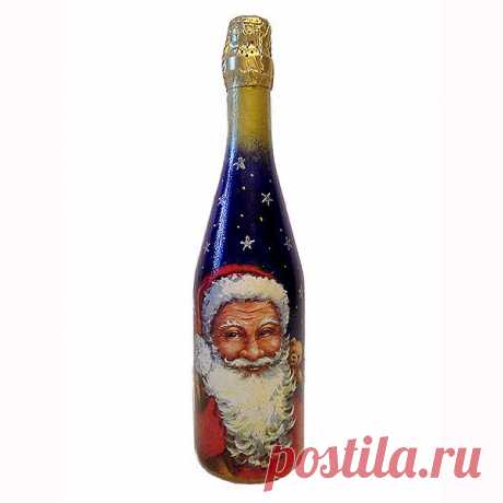 Бутылка шампанского "Санта-Клаус" станет прекрасным украшением новогонего стола. Декупаж, дорисовка акрилом, контуры, золочение