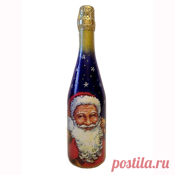 Бутылка шампанского "Санта-Клаус" станет прекрасным украшением новогонего стола. Декупаж, дорисовка акрилом, контуры, золочение