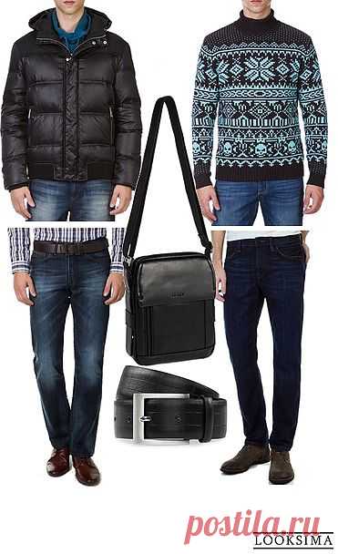 Лаконичный и удобный образ. Черный пуховик с капюшоном, отделкой из контрастной по фактуре ткани и трикотажными поясом и манжетами, теплый свитер из вязаного трикотажа с цветным узором, небольшая черная сумка, оригинальный черный ремень из материала со структурой "квадратик", стильные и комфортные джинсы прямого силуэта темно-синего цвета или же синие джинсы актуального зауженного силуэта средней посадки