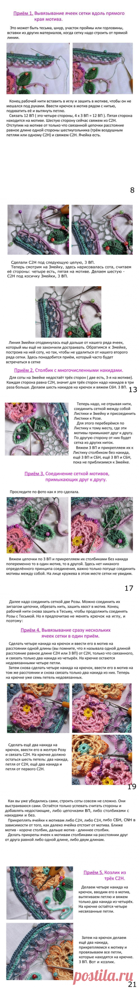 5 приемов вязания ячеек сетки в Ирландском кружеве.