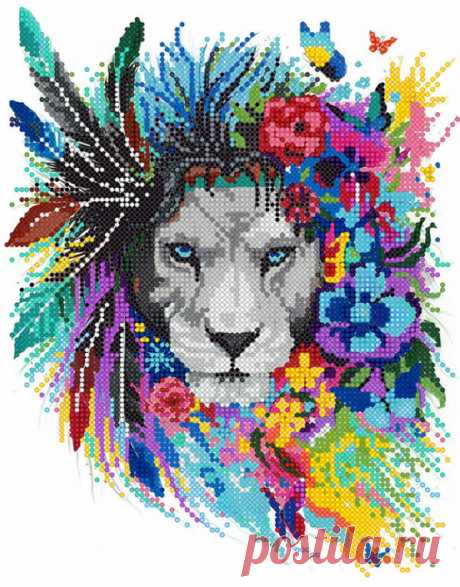 Схема для вышивки бисером PA-1792 Лев в перьях и цветах