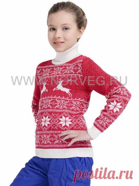Свитер Merino Wool детский. Цвет красный с белым орнаментом (олень) для девочек рост 56-134 см