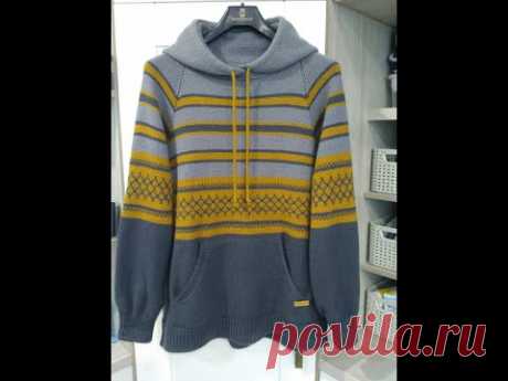Толстовка с капюшоном и карманом кенгуру.Описание процесса вязания