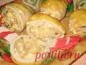 Кальмары с грибами и сыром