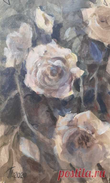 Чайные розы.
Оргалит, акрил. 25х15 см. 2020 год