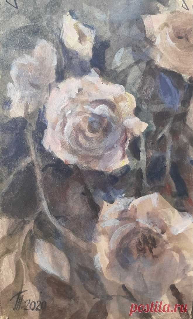 Чайные розы.
Оргалит, акрил. 25х15 см. 2020 год