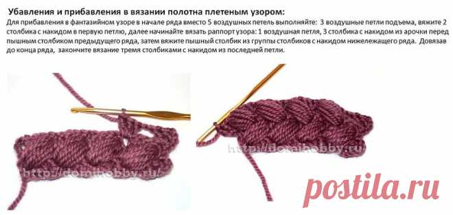 Прибавления в вязании полотна плетеным узором