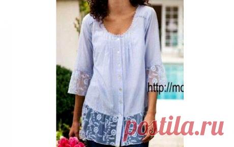 Блузон с кружевом из мужской рубашки Из ненужной мужской рубашки можно сделать модный женский блузон украшенный кружевом.
Кружево можно использовать готовое или связать крючком.
А если отрезать по линии талии и пришить подол, то ночная…