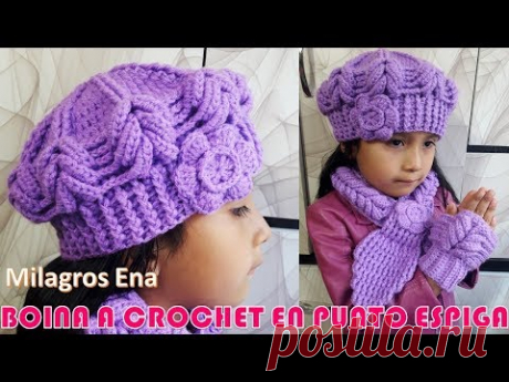 Boina con flor tejida a crochet en punto Espiga paso a paso en video tutorial