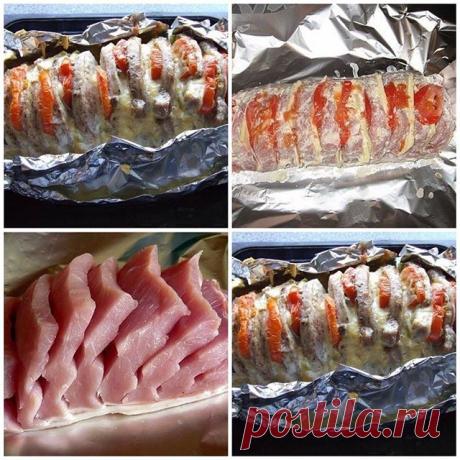 МЯСО "ГАРМОШКА" 🍴 
Ингредиенты: ● мясо мякоть (свинина/говядина)- 1 кг (+-) ● помидор- 2 шт ● сыр твердый- 200 гр ● чеснок- 3 зубчика 
Маринад: ● лимонный сок- 1 ст.л ● соевый соус- 2-3 ст.л ● горчица- 1 ст.л ● оливковое или растительное масло- 2 ст.л 
Приготовление: 
Выбрать ровный (прямоугольный), плотный кусок мяса (как на буженину). На мясе сделать поперечные надрезы, не дорезая до конца. Смешать компоненты для маринада и смазать мясо со всех сторон и в надрезах, по в...