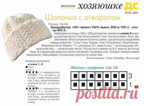 Шапочка с отворотом спицами