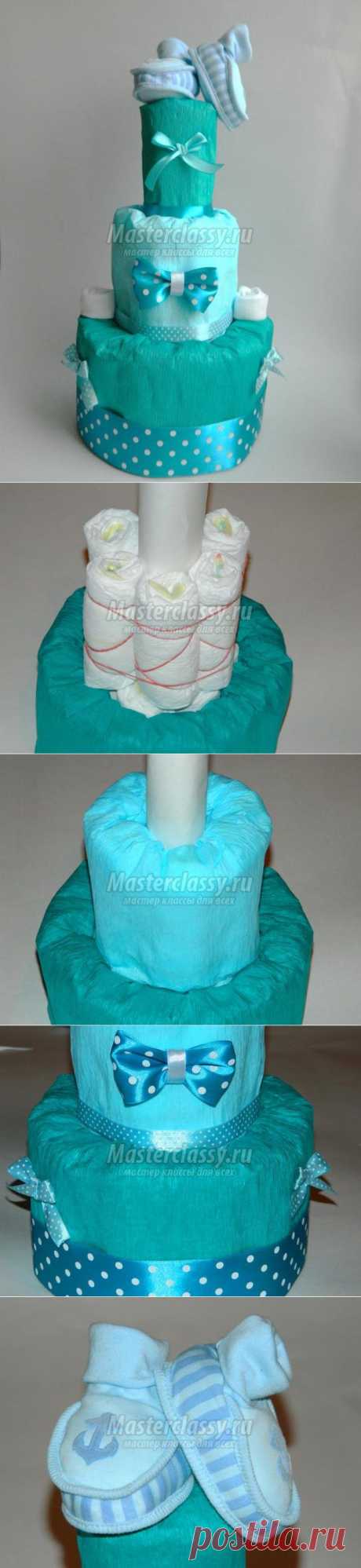 *ТОРТ из памперсов  &quot;Бюрюзовое настроение&quot; + МК !
Это не только оригинальный и красивый способ упаковки памперсов, но также и очень практичный подарок на рождение малыша или смотрины.
Для изготовления торта  нам понадобятся:
Подгузники Pampers premium care (тройка) – 26 шт, 
Гофрированная или креповая бумага голубого и бирюзового цветов, Резиночки для денег, Картон и др.