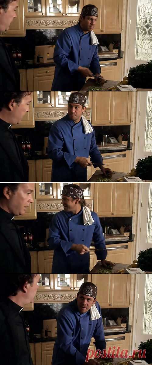 Eliot Spencer. Leverage. The Wedding Job
Nate: Okay, you know, I haven’t gotten one answer I was looking for today. What is it that you’re doing? What’s going on?
Eliot: I’m cutting onion, deveining shrimp, uh, pan-searing some scallops. I’ve got 200 people I got to feed, all right? Back off.