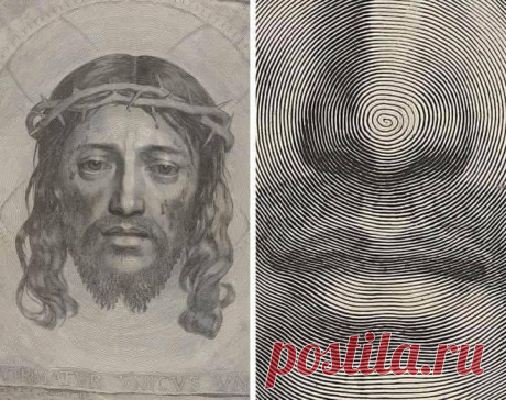 Эта гравюра XVII века с изображением Иисуса Христа в терновом венце названа «Единый единою чертою».
Обычный рисунок, вблизи оказывается изображением, созданным с помощью ОДНОЙ ЕДИНСТВЕННОЙ ЛИНИИ , которая закручивается по спирали. Все детали лица и переходы света и тени созданы с помощью утолщений этой линии. Автор работы — французский художник КЛОД МЕЛЛАН . Для современников художника его способ гравирования остался загадкой, и повторить его так никто и не сумел.