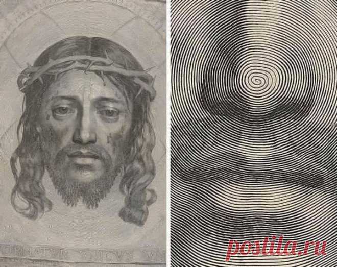 Эта гравюра XVII века с изображением Иисуса Христа в терновом венце названа «Единый единою чертою».
Обычный рисунок, вблизи оказывается изображением, созданным с помощью ОДНОЙ ЕДИНСТВЕННОЙ ЛИНИИ , которая закручивается по спирали. Все детали лица и переходы света и тени созданы с помощью утолщений этой линии. Автор работы — французский художник КЛОД МЕЛЛАН . Для современников художника его способ гравирования остался загадкой, и повторить его так никто и не сумел.