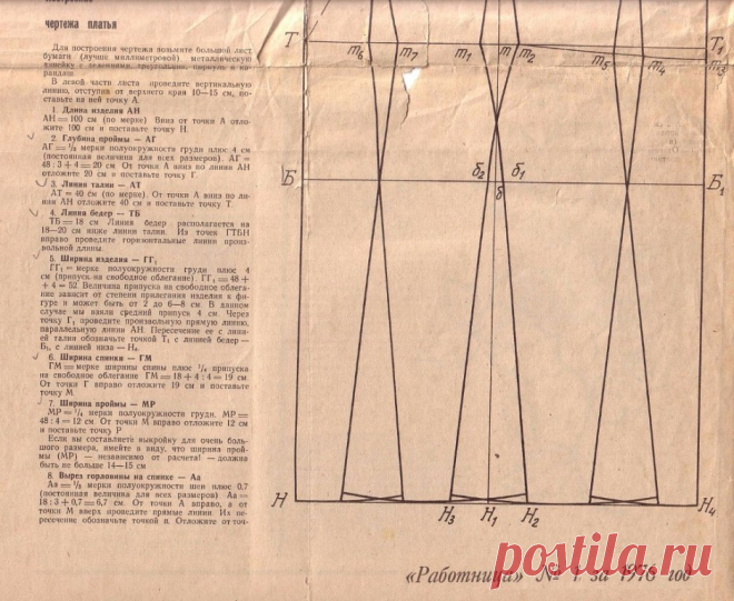 Выкройка основы платья с рукавом. Из журнала 1976года. Возможно, кому-то пригодится ))