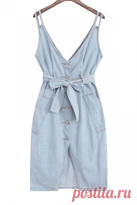 Single-Breasted Denim Midi Dress With Belt LIGHT BLUE: Casual Dresses | ZAFUL