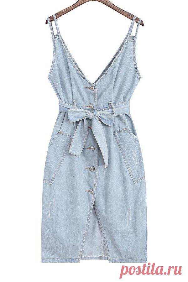 Single-Breasted Denim Midi Dress With Belt LIGHT BLUE: Casual Dresses | ZAFUL