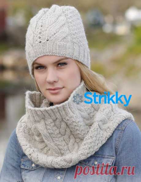 Модный вязаный комплект: шапка и снуд со жгутами спицами от Drops Design | Strikky.ru