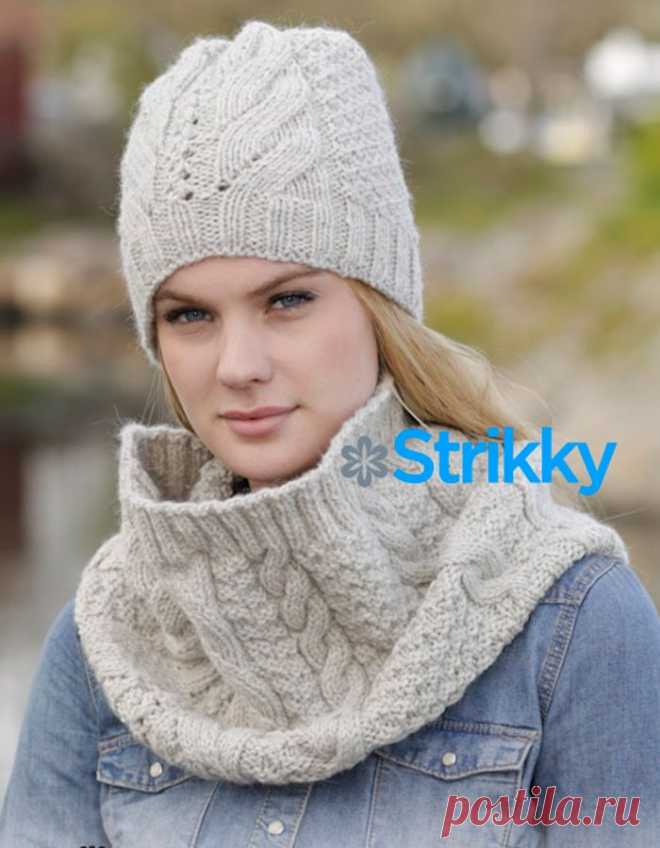 Модный вязаный комплект: шапка и снуд со жгутами спицами от Drops Design | Strikky.ru