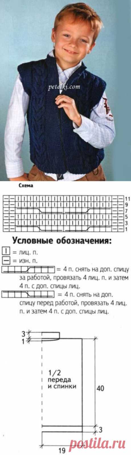 Классический жилет на молнии
Вам потребуется: пряжа «Аэлита кватро» (60% шерсть, 40% акрил, 190 м/100 г) - 200 г темно-синего цвета, спицы № 3,5, крючок № 3. разъемная молния длиной 45 см.
Резинка 1 x 1: вяжите попеременно 1 лиц. п. и 1 изн. п.
Лицевая гладь: лиц. ряды - лиц. петли, изн. ряды - изн. петли.
Коса: вяжите по схеме, на которой приведены только лиц. ряды, в изн. рядах все петли вяжите по рисунку. Плотность вязания: 16 п. х 21 ряд = 10 х 10 см.