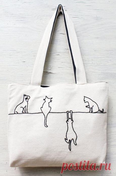Alley cats tote / shoulder bag / minimalist line drawing / embroidery modern / reusable bags handmade