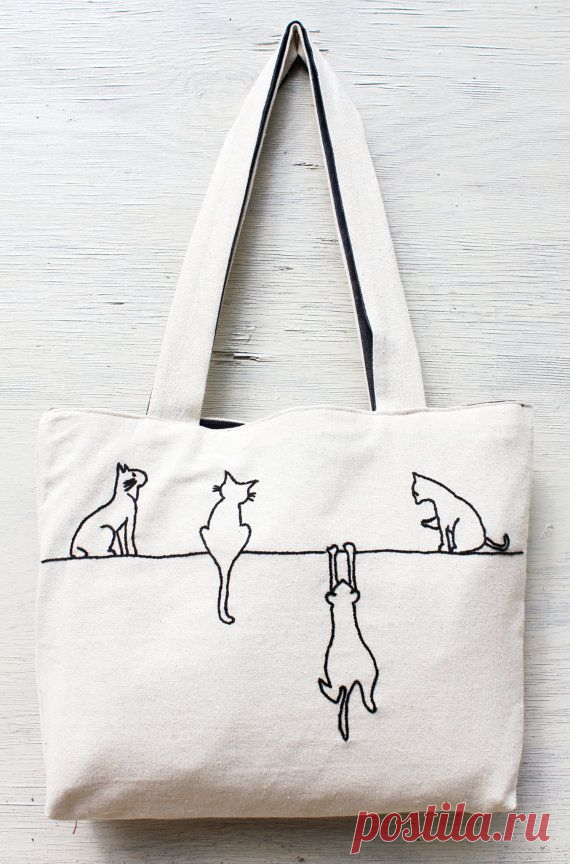 Alley cats tote / shoulder bag / minimalist line drawing / embroidery modern / reusable bags handmade