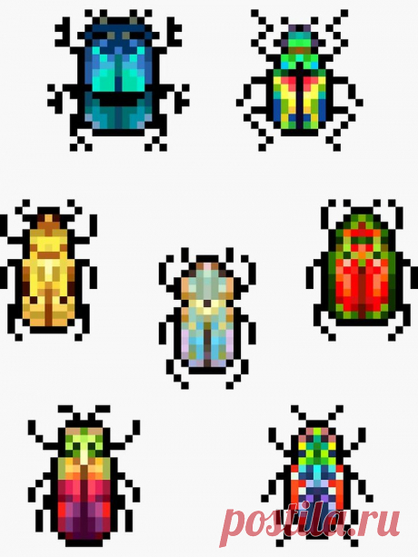 six different types of bugs in pixel art style, each with an insect's head