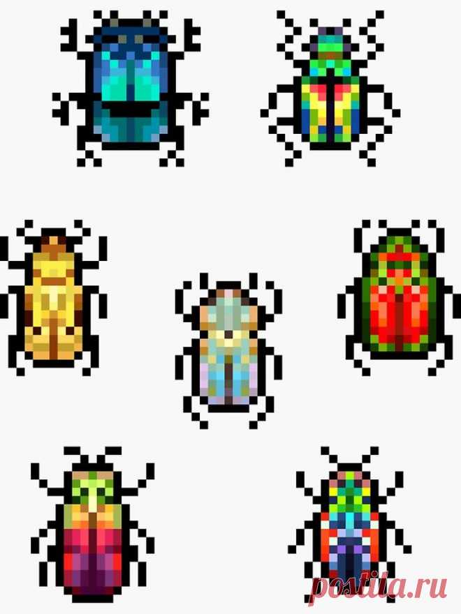 six different types of bugs in pixel art style, each with an insect's head