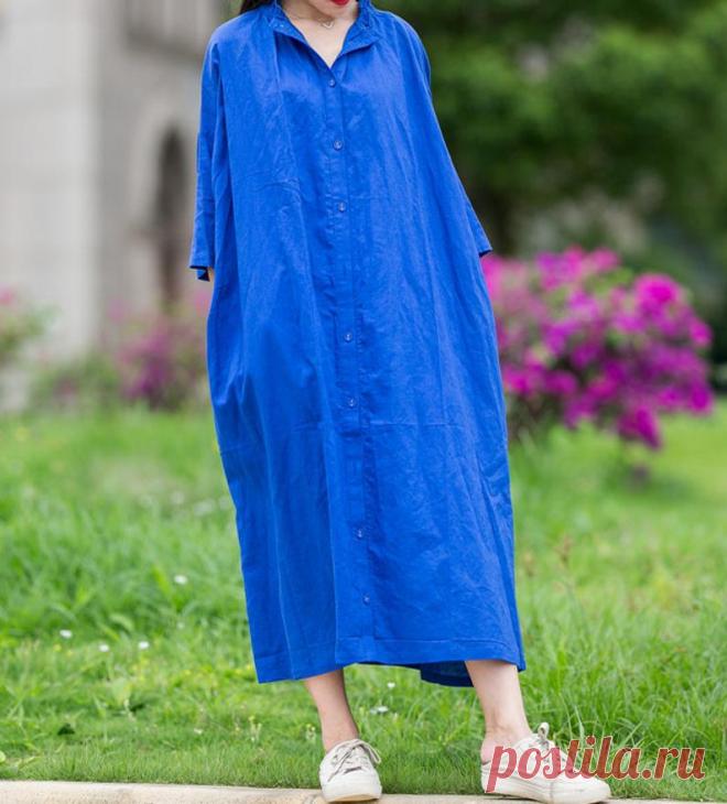 Women linen midi dress Blue shirt dress Linen dress for | Etsy