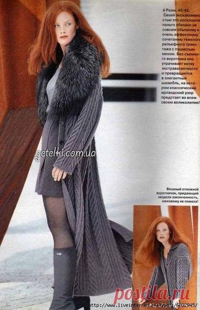 КАРДИГАН ПРЕВРАЩАЕТСЯ В РОСКОШНОЕ ПАЛЬТО, КОГДА К НЕМУ ДОБАВЛЯЕТСЯ БОЛЬШОЙ ПУШИСТЫЙ ВОРОТНИК. СПИЦЫ. СХЕМА.