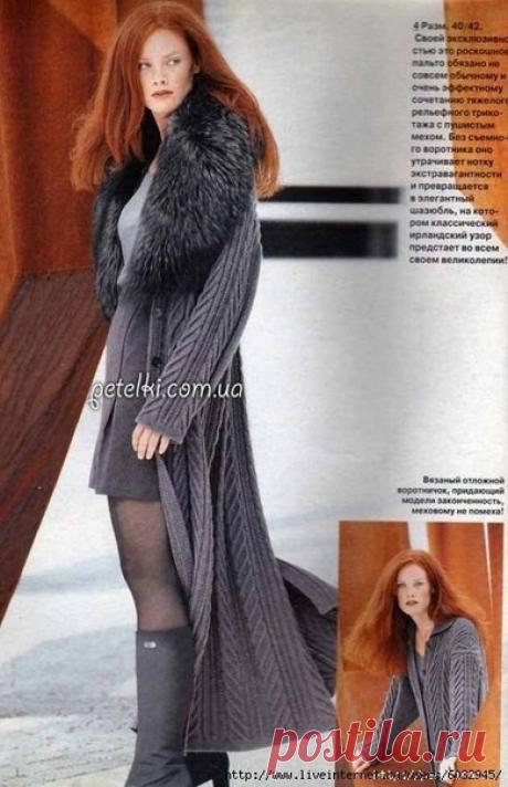 КАРДИГАН ПРЕВРАЩАЕТСЯ В РОСКОШНОЕ ПАЛЬТО, КОГДА К НЕМУ ДОБАВЛЯЕТСЯ БОЛЬШОЙ ПУШИСТЫЙ ВОРОТНИК. СПИЦЫ. СХЕМА.