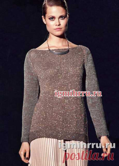 Серо-коричневый с серебристыми вкраплениями пуловер. Вязание спицами