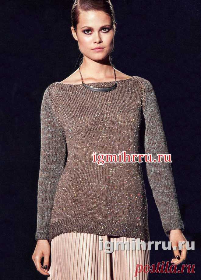 Серо-коричневый с серебристыми вкраплениями пуловер. Вязание спицами
