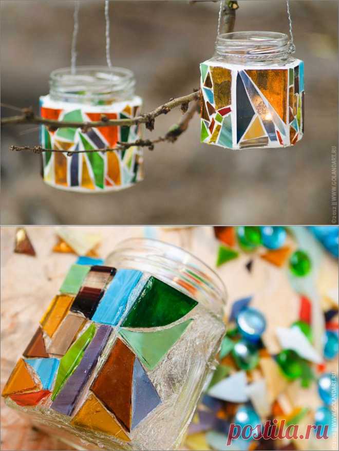 Подсвечники для сада из стеклянных банок..