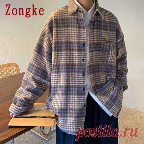 Zongke шерстяная клетчатая весенняя куртка, Мужская одежда в стиле Харадзюку, мужские куртки и пальто, мужская уличная куртка, Размер 2XL 2022 | Мужская одежда | АлиЭкспресс