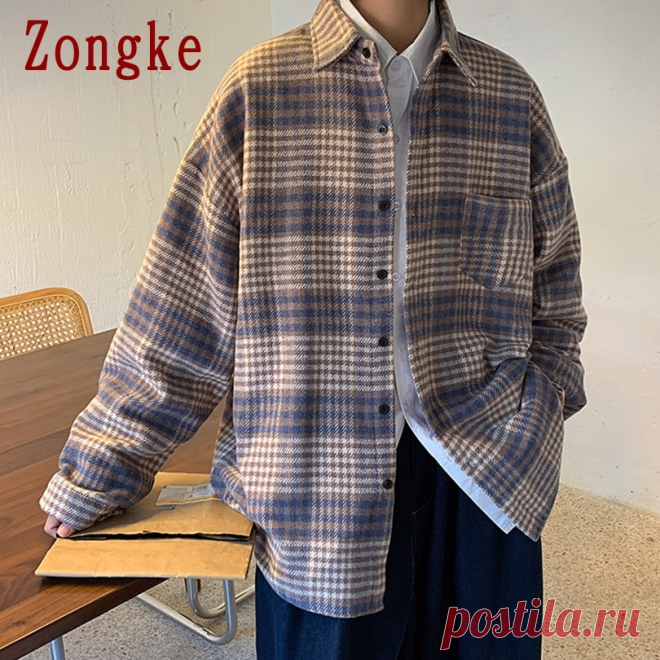 Zongke шерстяная клетчатая весенняя куртка, Мужская одежда в стиле Харадзюку, мужские куртки и пальто, мужская уличная куртка, Размер 2XL 2022 | Мужская одежда | АлиЭкспресс
